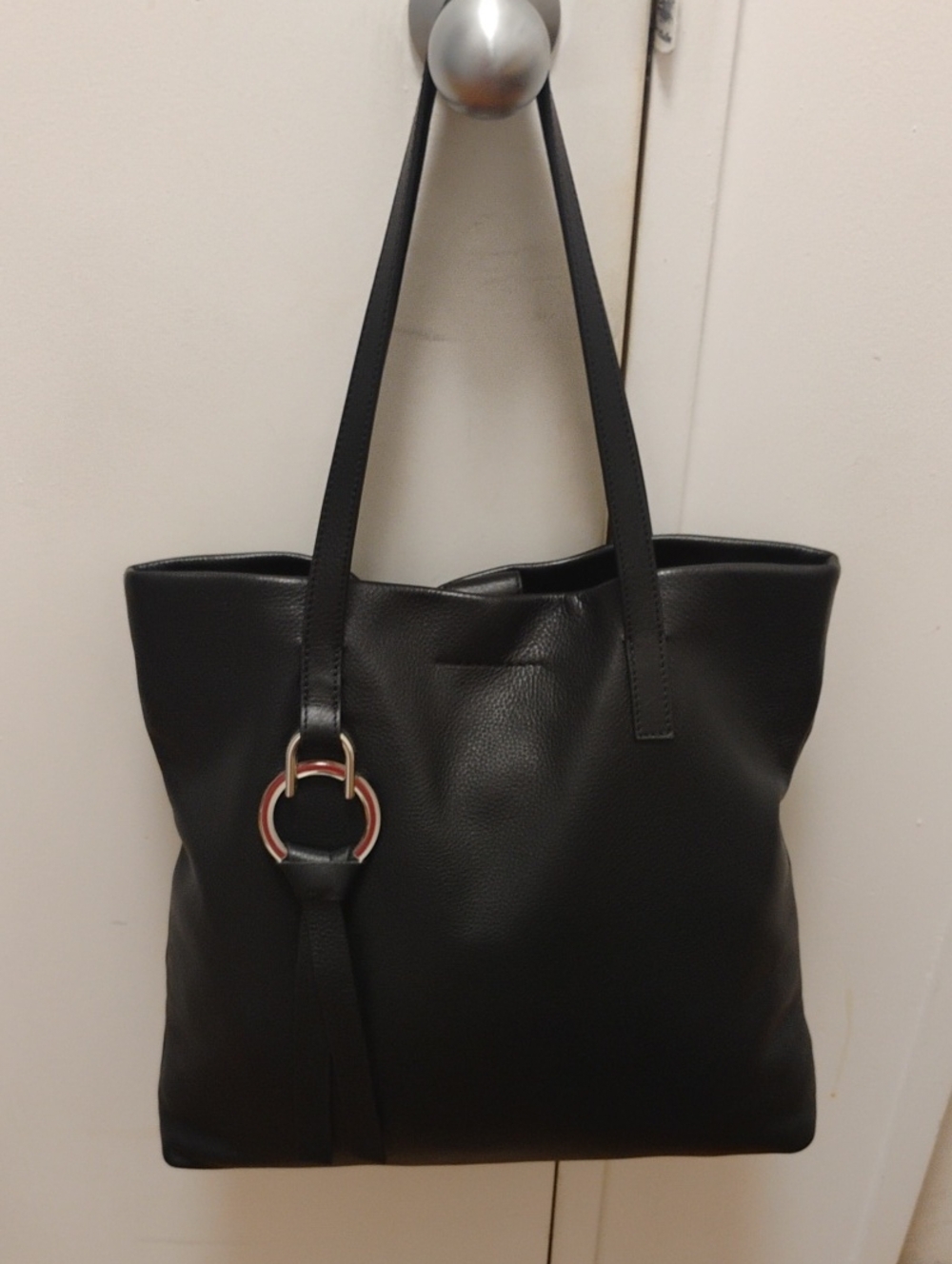 Vince Camuto Black Leather Tote with Silver Ring Accent